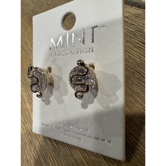 Mint Small CZ Stud with Goldtone Snake Earrings Bling Sparkle Party NEW - Picture 2 of 6
